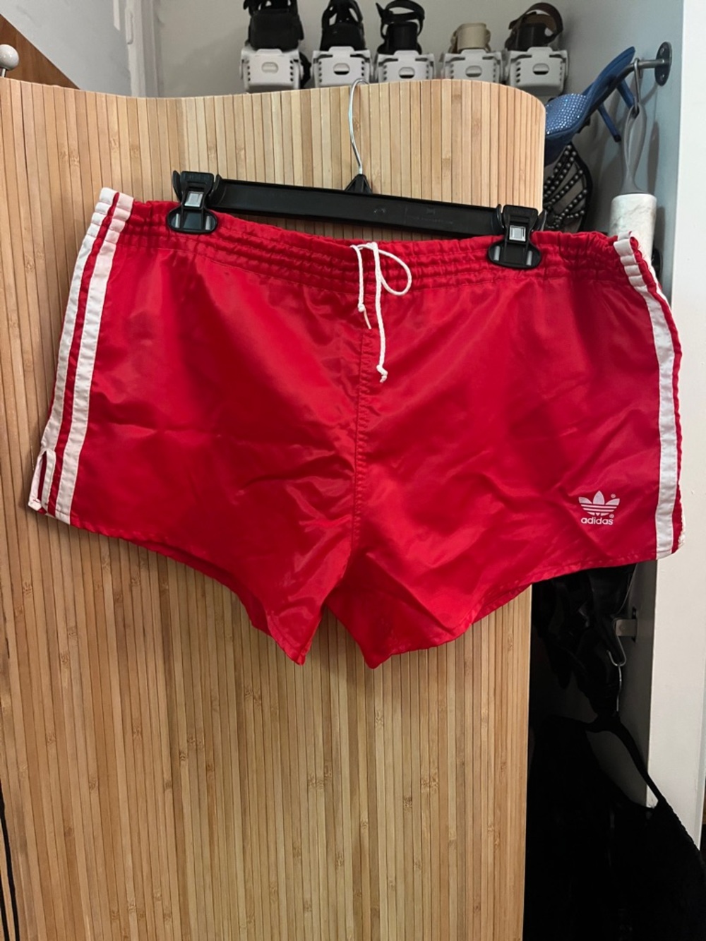 adidas Women's Red Athletic Shorts with White 3-Stripes
